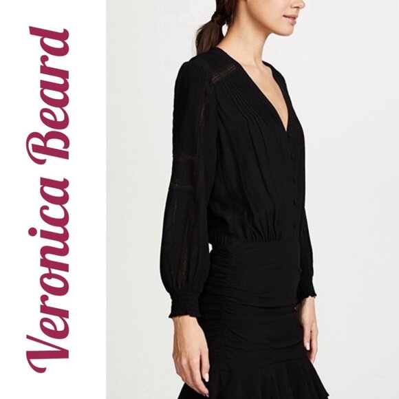 VERONICA BEARD SARASOTA DRESS LBD LONG SLEEVE RUCHED SKIRT MINI LACE TRIM SIZE 2 - Picture 8 of 15